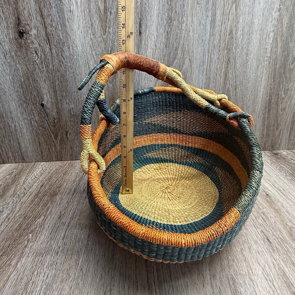 Woven African Bolga Ghana Market Basket Large Leather Handle - Picture 15 of 16